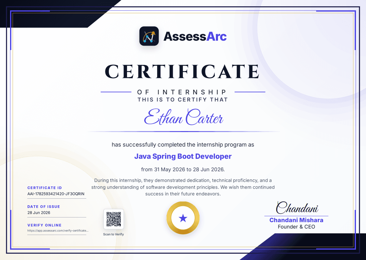 Sample AssessArc AI Internship certificate with certificate ID and verification QR code